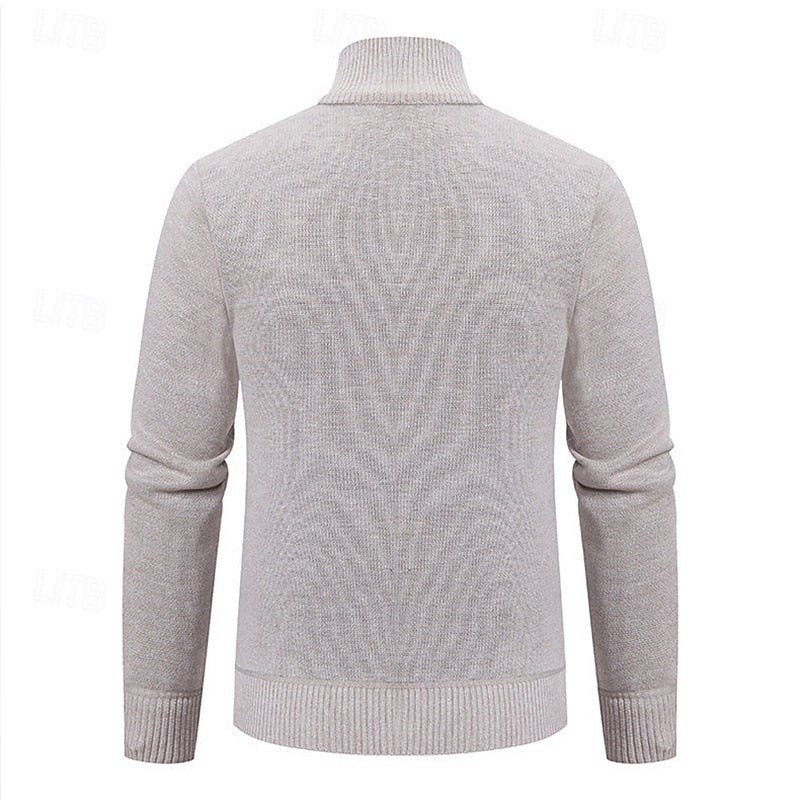 Men's burgundy chunky cable-knit zip-up cardigan with zip pockets