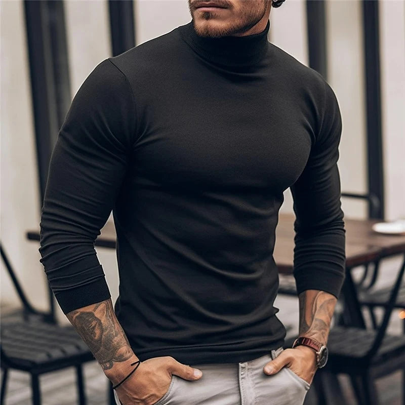 Men's black ribbed fitted long-sleeve turtleneck sweater