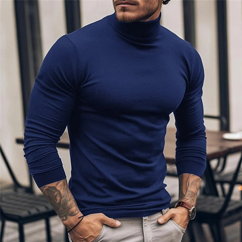 Men's navy blue ribbed fitted long-sleeve turtleneck sweater