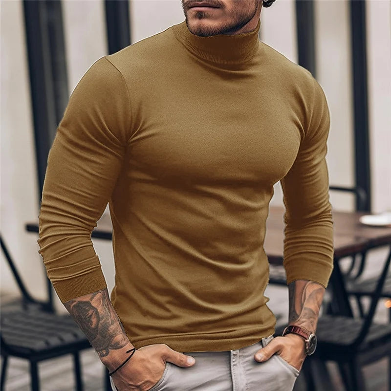 Men's khaki ribbed fitted long-sleeve turtleneck sweater
