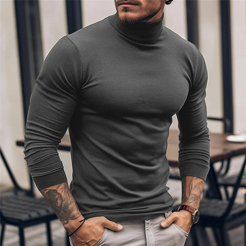 Men's dark gray ribbed fitted long-sleeve turtleneck sweater