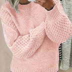 Women's pink puff Sleeve Textured Knit Sweater, Oversized Fit