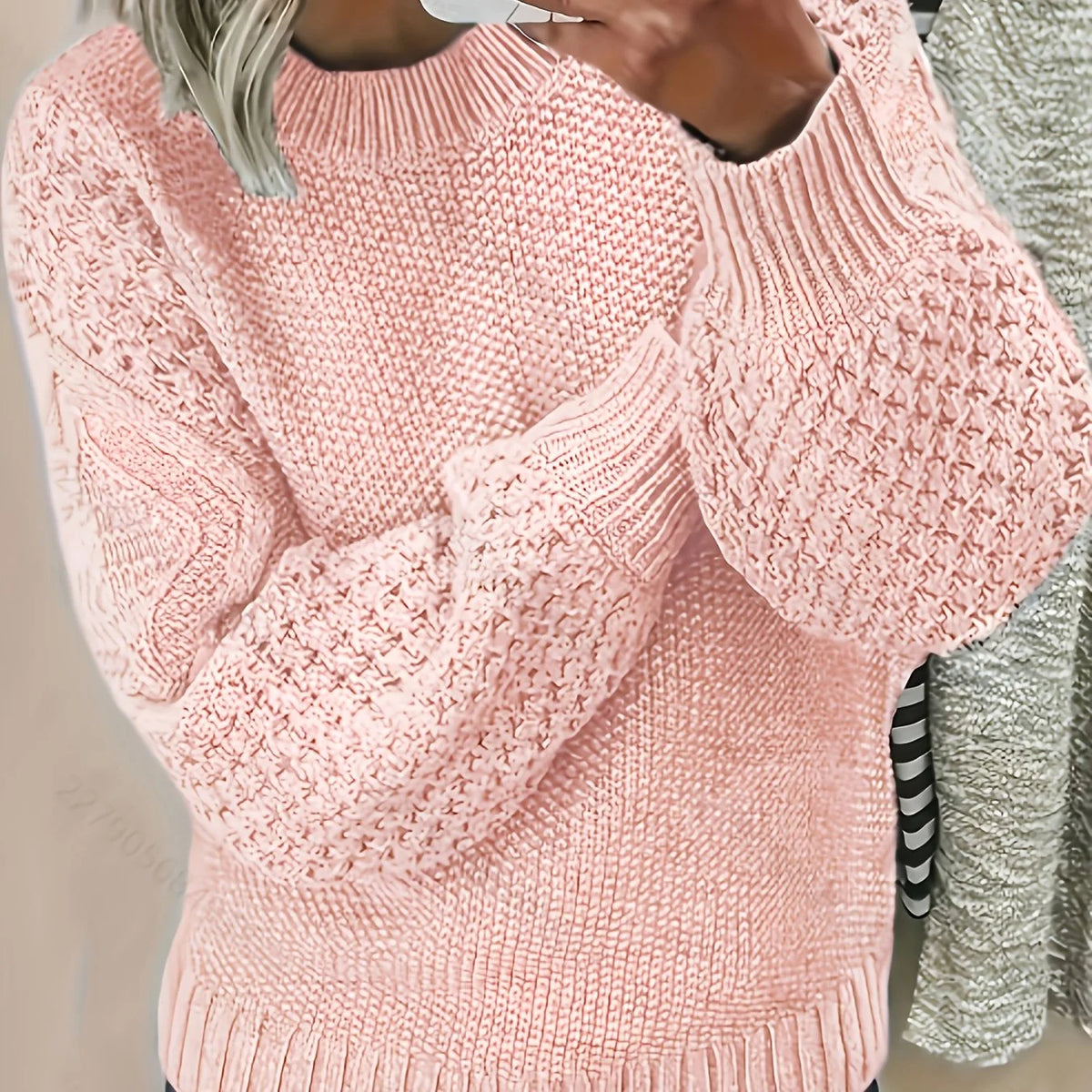 Women's pink puff Sleeve Textured Knit Sweater, Oversized Fit