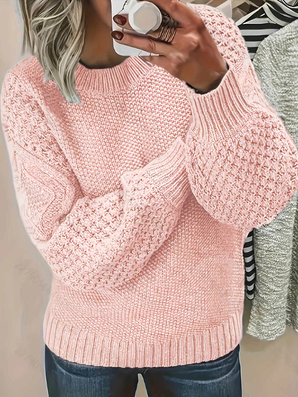 Women's sky blue puff Sleeve Textured Knit Sweater, Oversized Fit