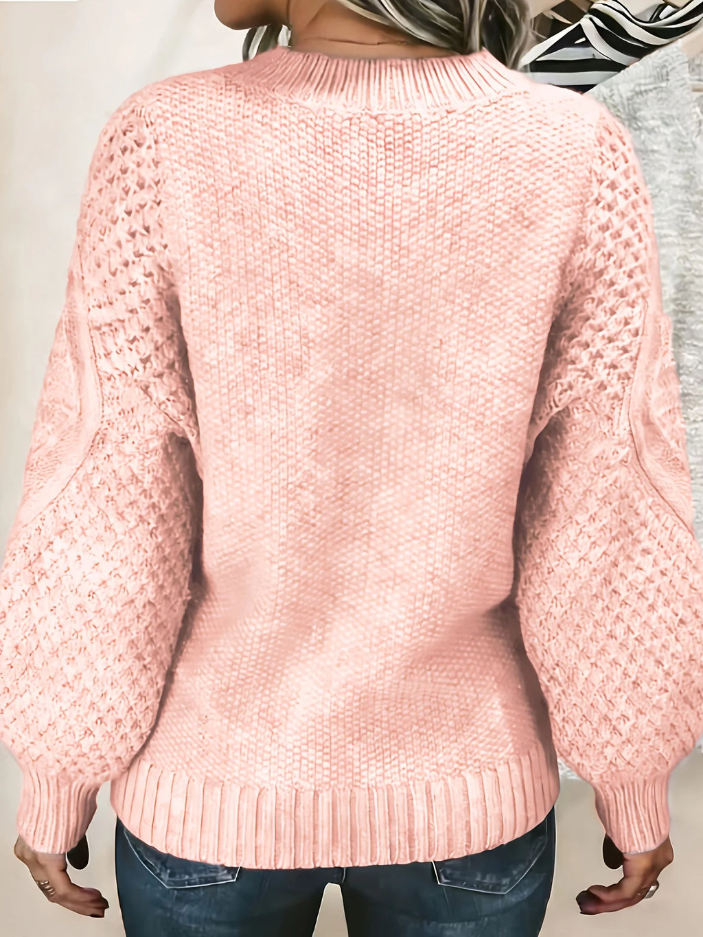 Women's sky blue puff Sleeve Textured Knit Sweater, Oversized Fit