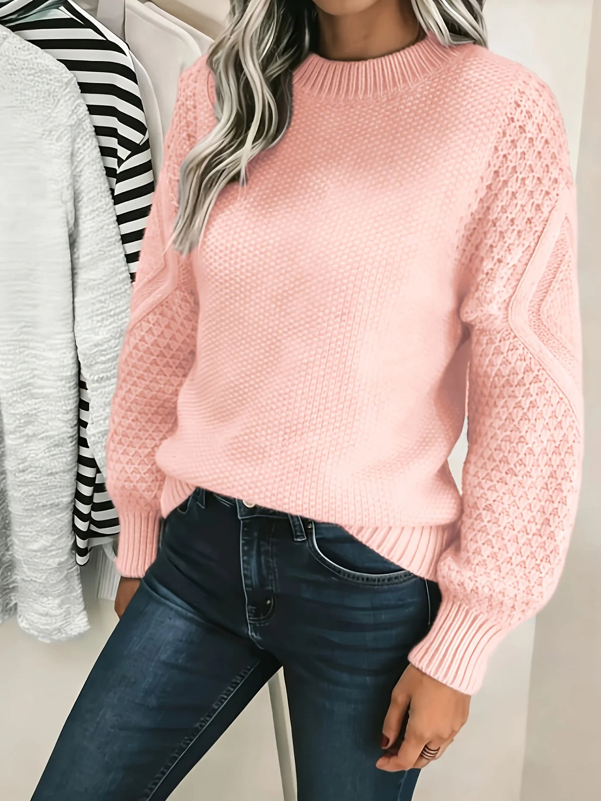 Women's sky blue puff Sleeve Textured Knit Sweater, Oversized Fit