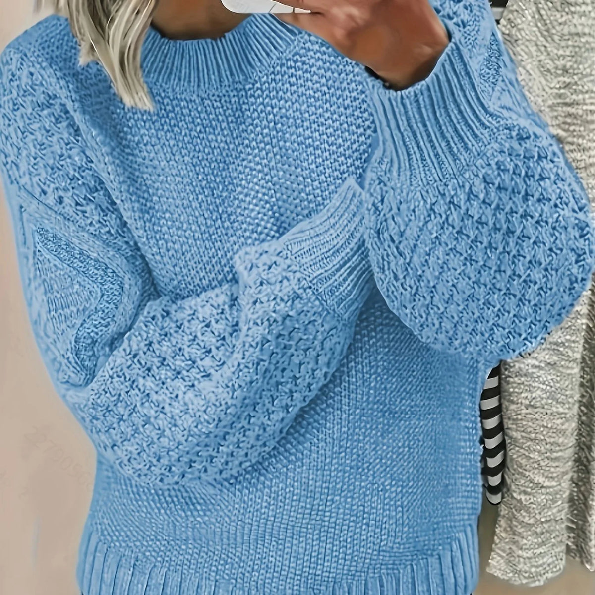 Women's sky blue puff Sleeve Textured Knit Sweater, Oversized Fit
