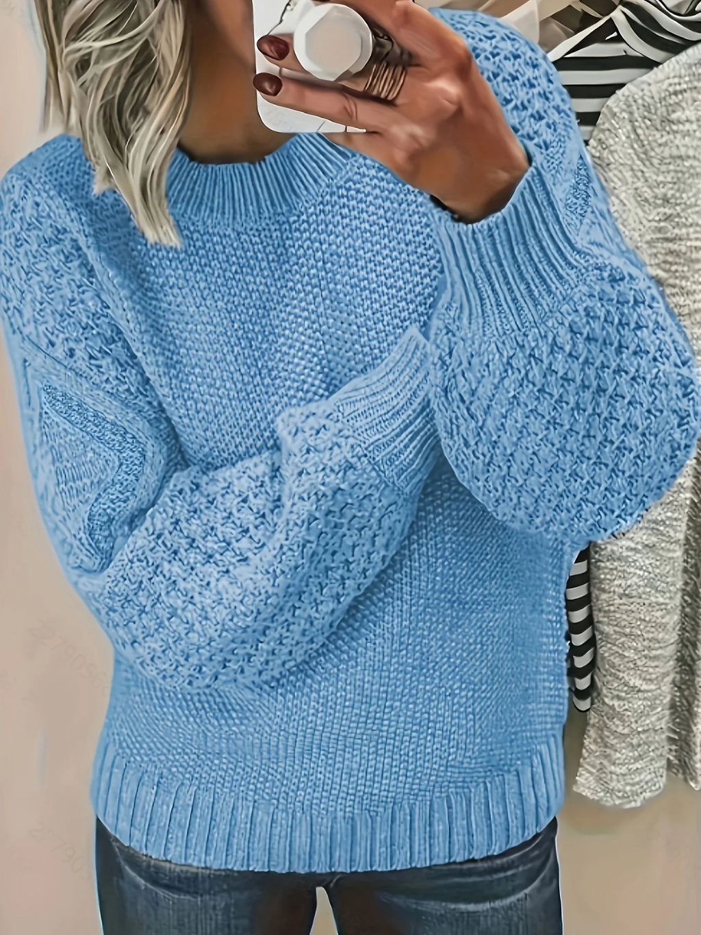 Women's sky blue puff Sleeve Textured Knit Sweater, Oversized Fit