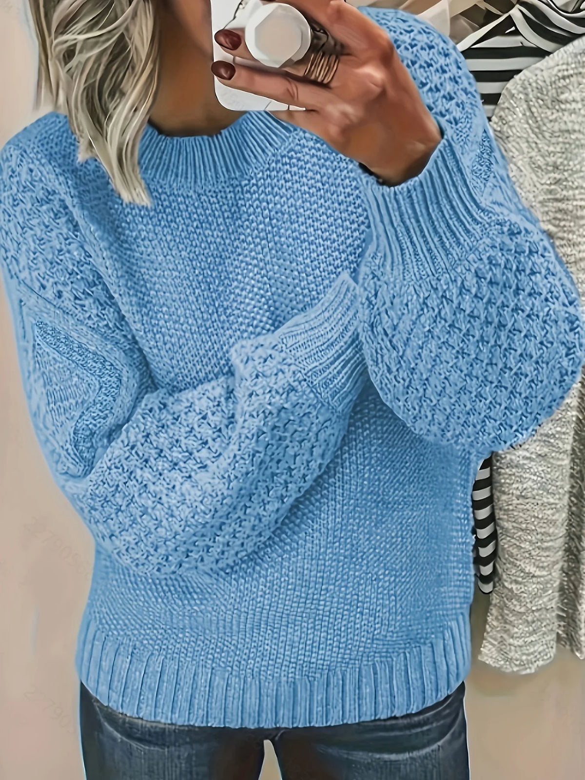 Women's sky blue puff Sleeve Textured Knit Sweater, Oversized Fit