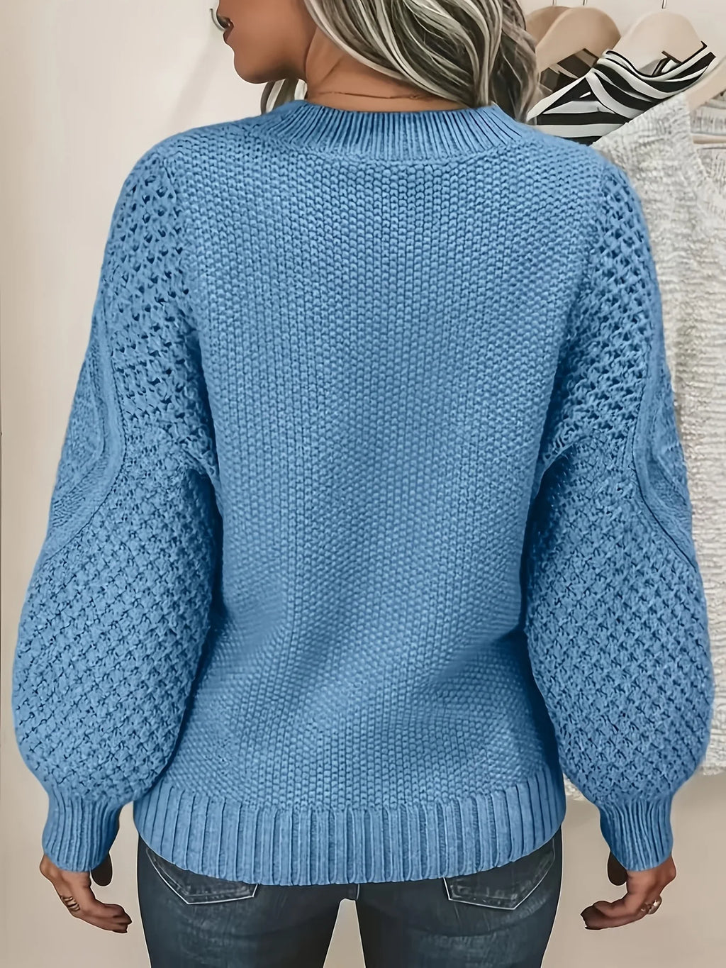 Women's sky blue puff Sleeve Textured Knit Sweater, Oversized Fit