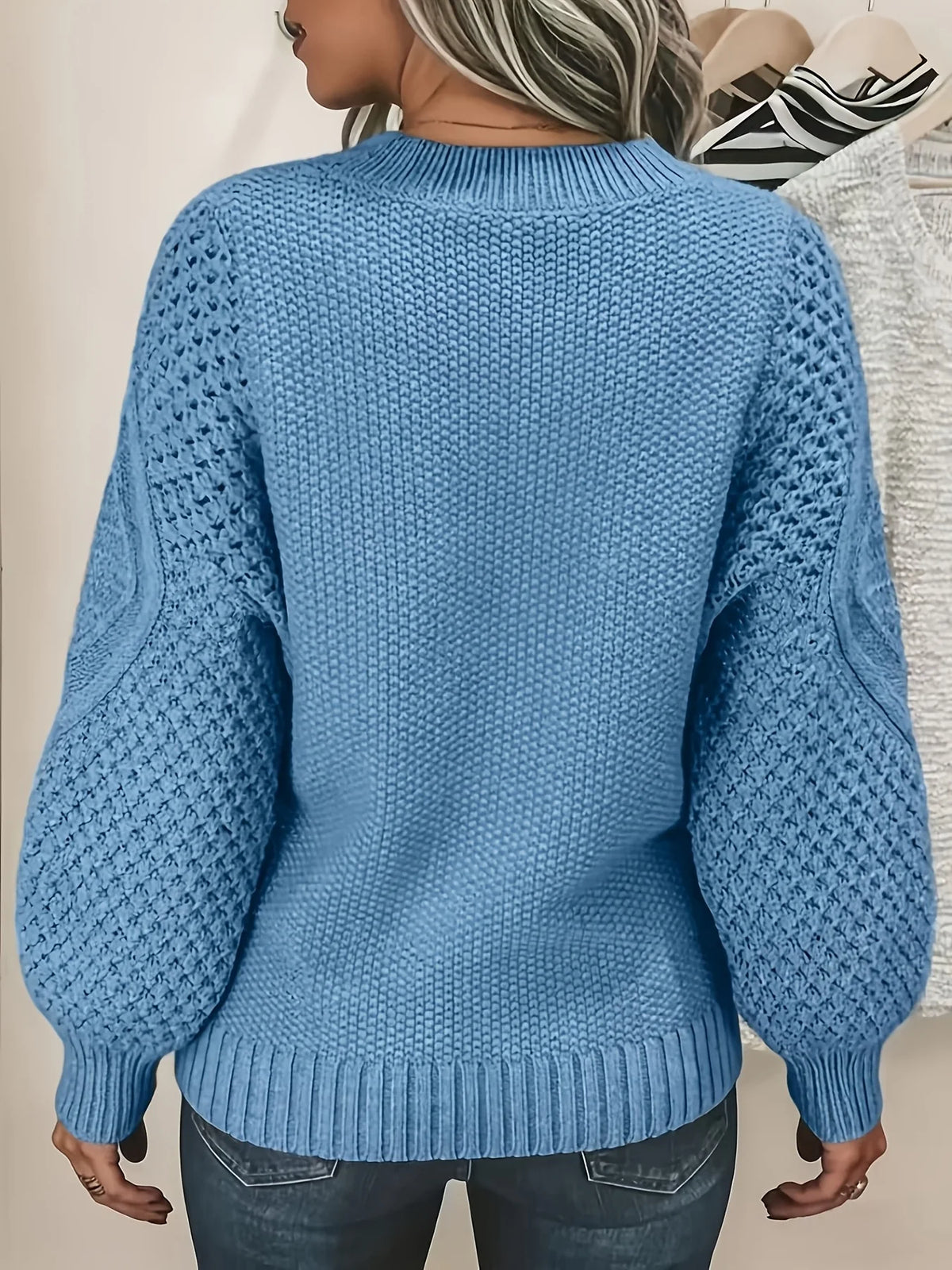 Women's sky blue puff Sleeve Textured Knit Sweater, Oversized Fit
