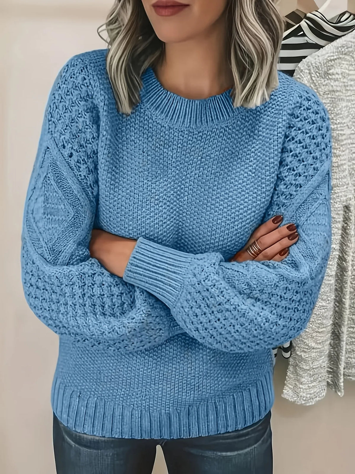 Women's sky blue puff Sleeve Textured Knit Sweater, Oversized Fit