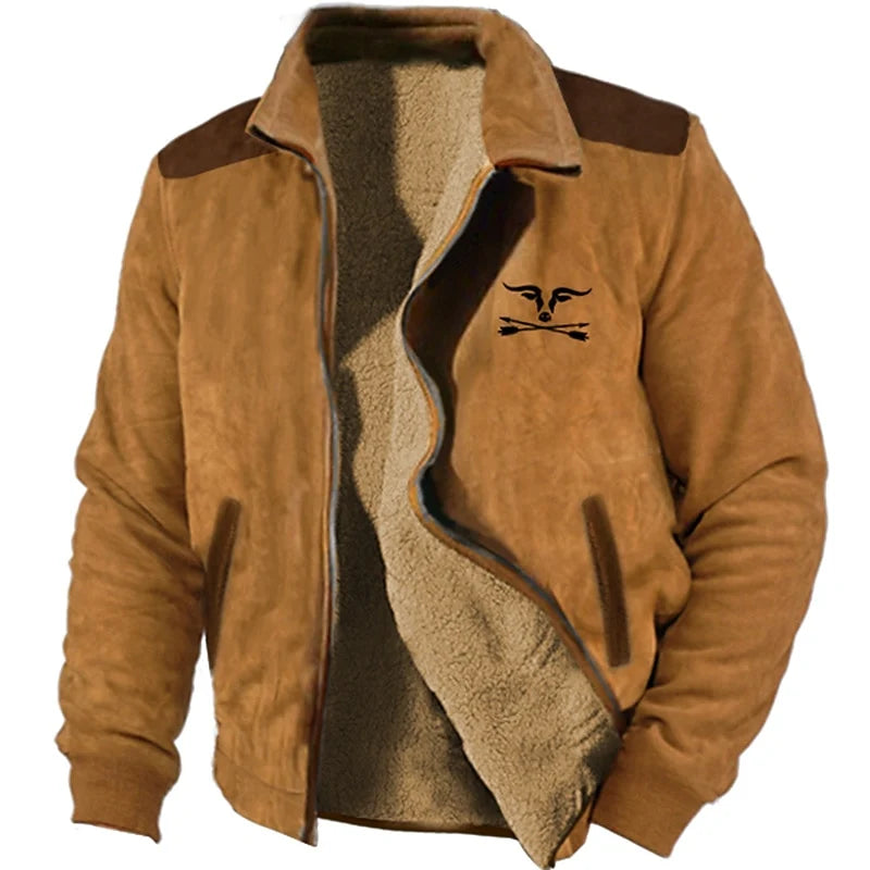 Men's brown fleece-lined full-zip jacket with roomy side pockets