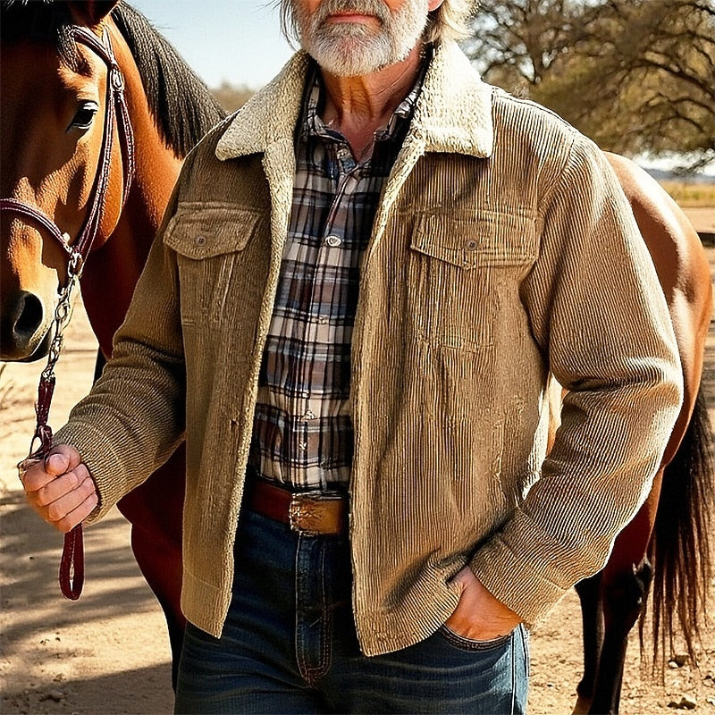 Men's gray rugged Corduroy Ranch Jacket with Sherpa Collar Trim