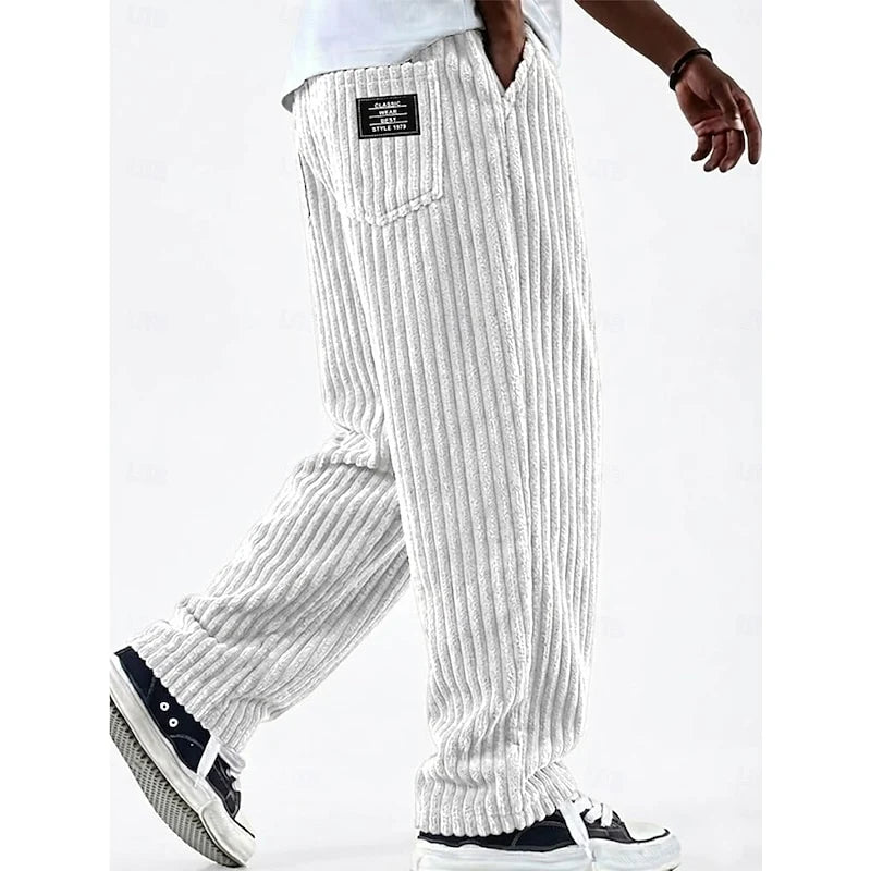 Men's white ribbed knit wide-leg sweatpants with cuffed hem