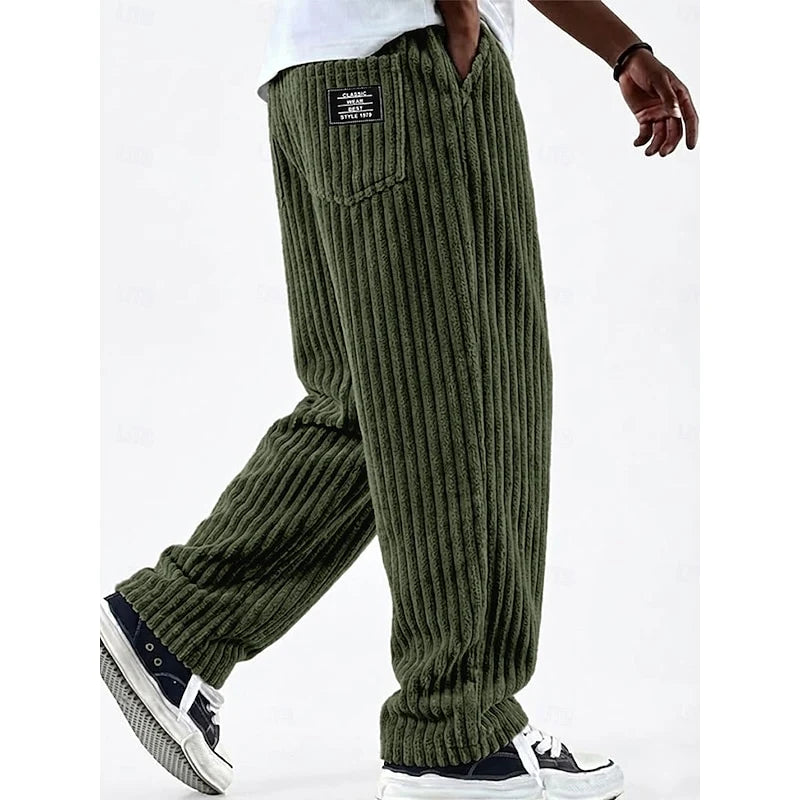 Men's army green ribbed knit wide-leg sweatpants, side view