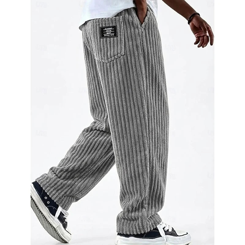 Men's gray ribbed knit wide-leg sweatpants with elastic waist