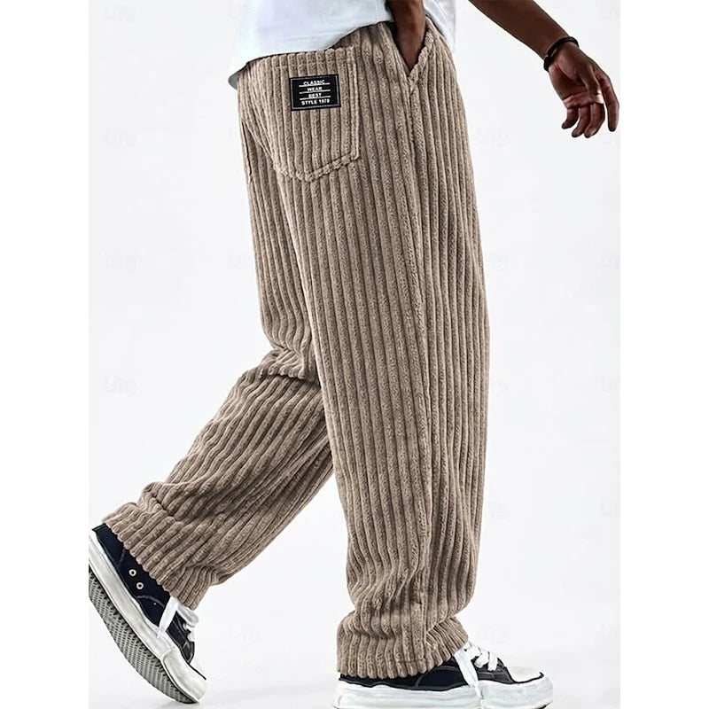 Men's khaki ribbed knit wide-leg sweatpants, back view