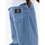 Close-up of sky blue ribbed knit fabric on men's wide-leg sweatpants