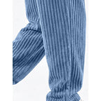 Detail view of sky blue ribbed knit wide-leg sweatpants cuff