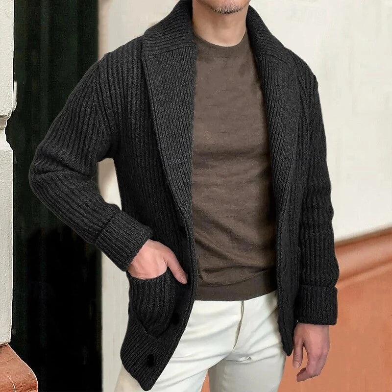 Men's black shawl collar ribbed cardigan with front pockets