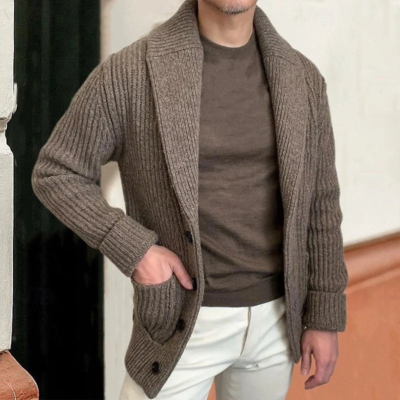 Men's khaki shawl collar ribbed cardigan with front pockets