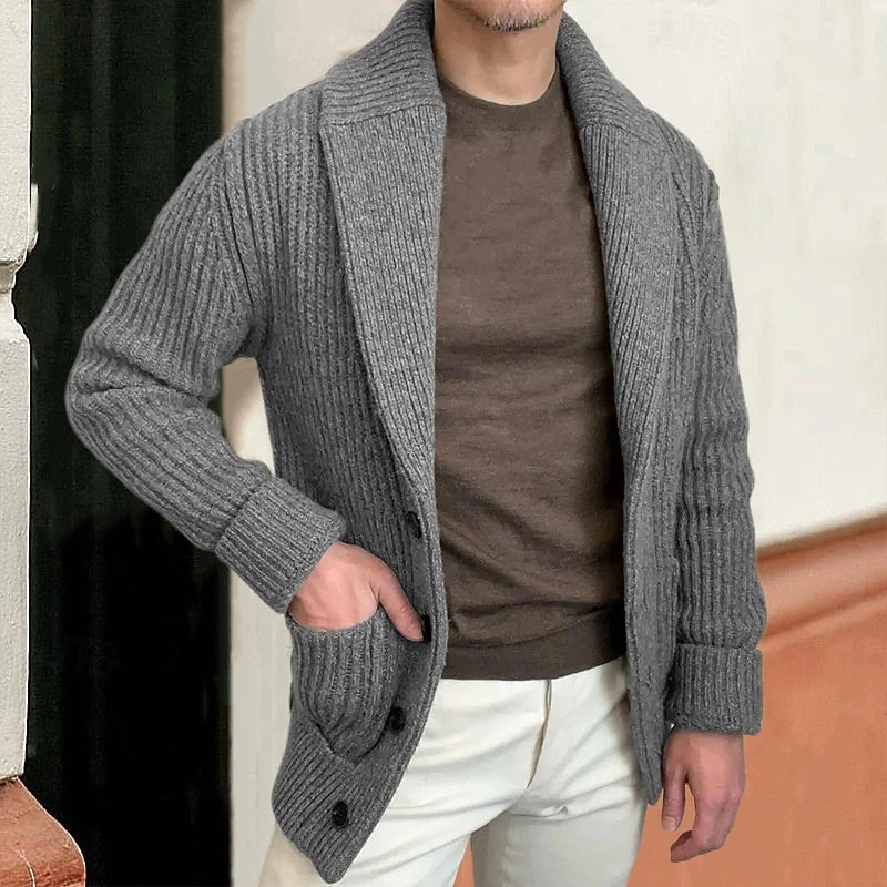Men's gray shawl collar ribbed cardigan with front pockets