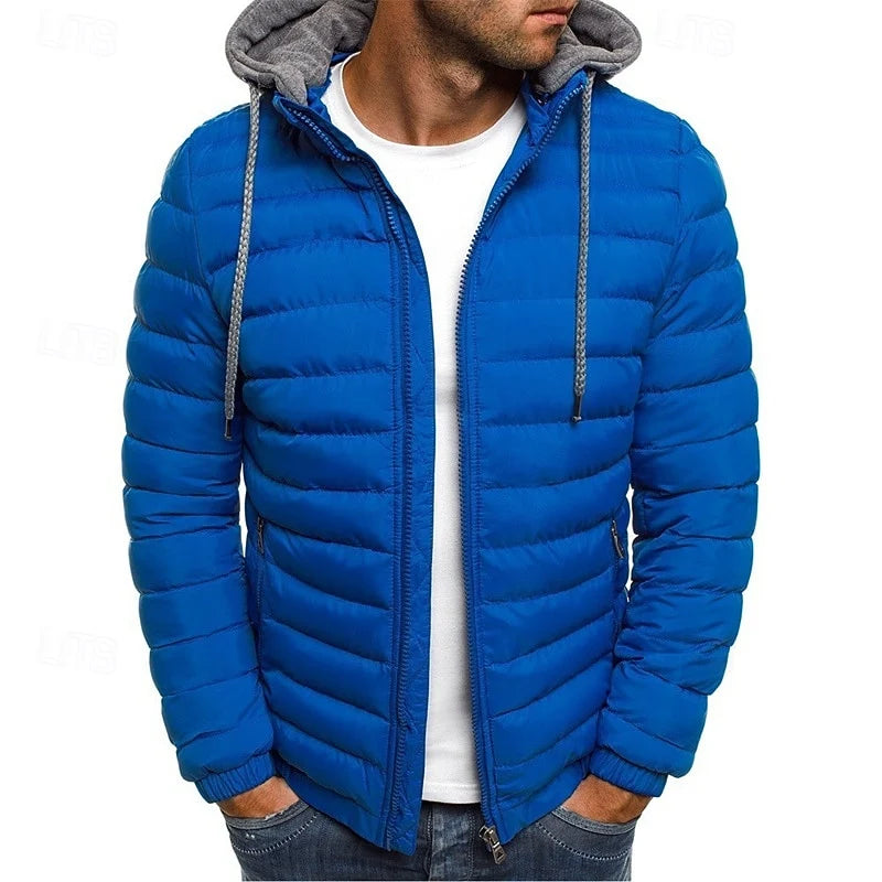 Men's royal blue quilted Puffer Jacket with Drawstring Hood for Winter