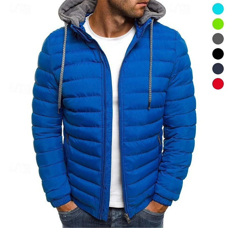 Men's red quilted Puffer Jacket with Drawstring Hood for Winter