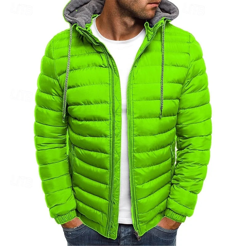 Men's green quilted Puffer Jacket with Drawstring Hood for Winter