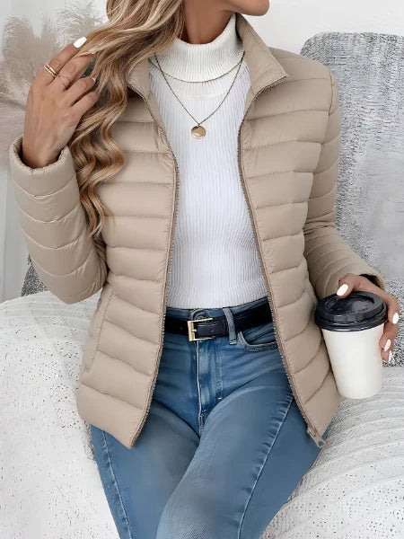 Women's beige lightweight quilted jacket with tailored fit