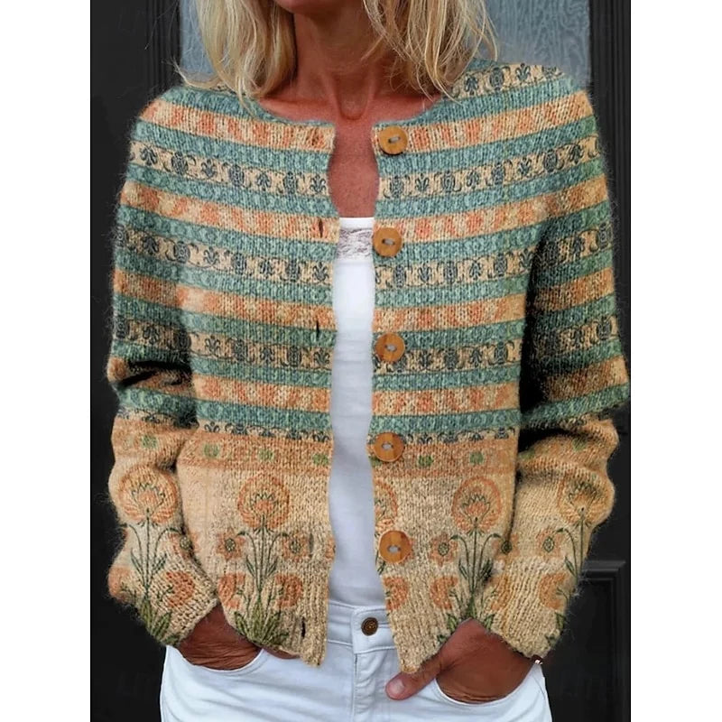 Women's green floral print button-front knit cardigan sweater