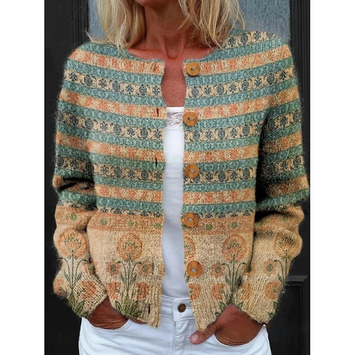 Women's green floral print button-front knit cardigan sweater