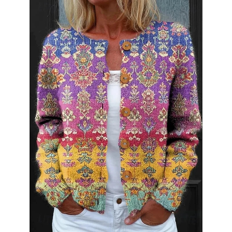 Women's floral print button-front knit cardigan