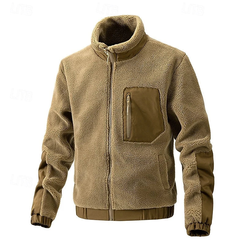 Men's dark khaki sherpa fleece full-zip jacket, front view