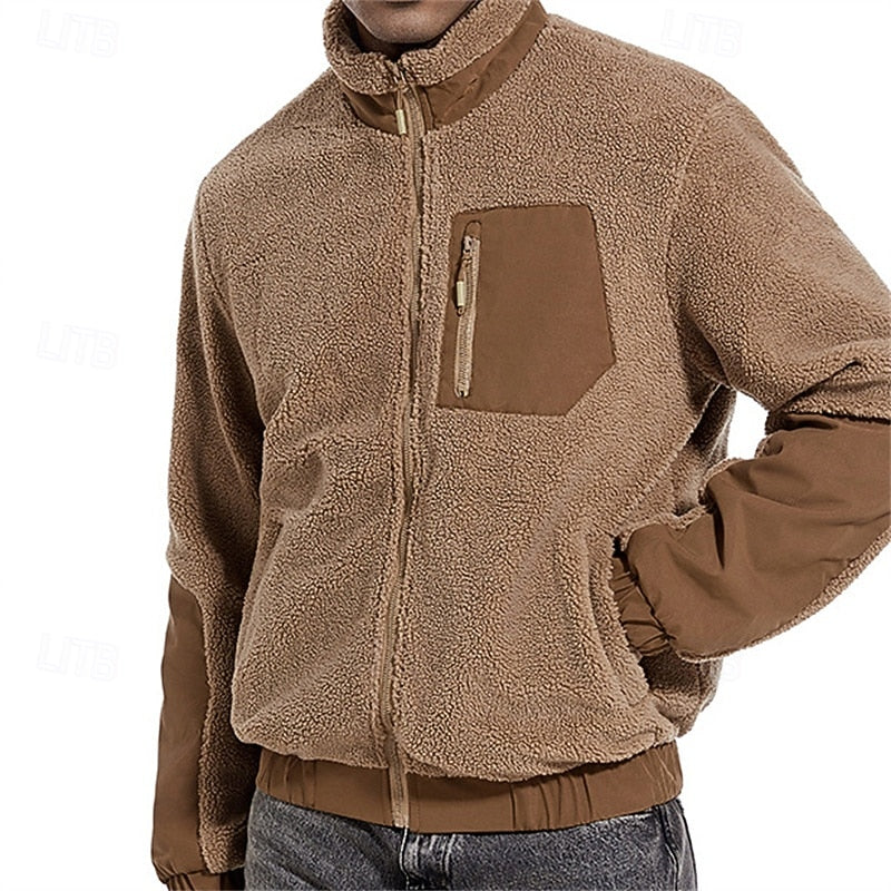 Men's dark khaki sherpa fleece full-zip jacket, front detail