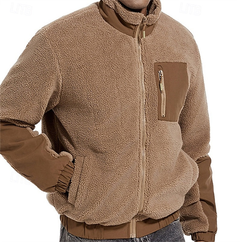Men's dark khaki sherpa fleece full-zip jacket, chest pocket detail