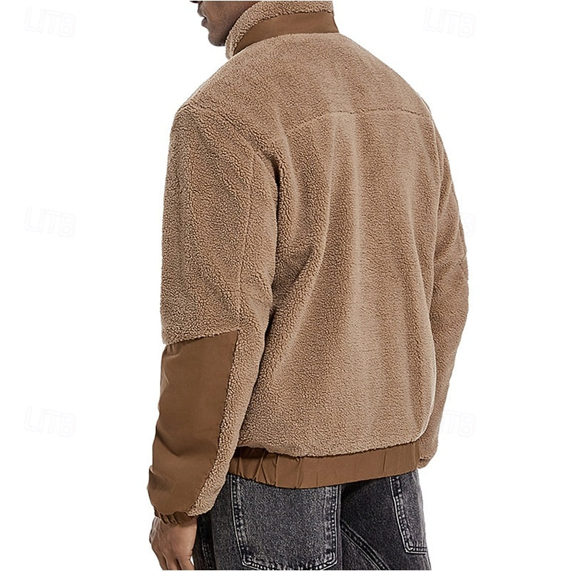 Men's dark khaki sherpa fleece full-zip jacket, back view