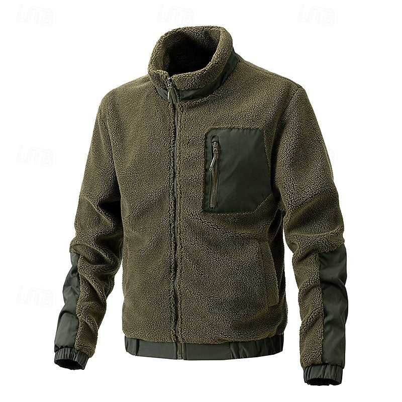 Men's coffee sherpa fleece full-zip jacket, front view with pocket