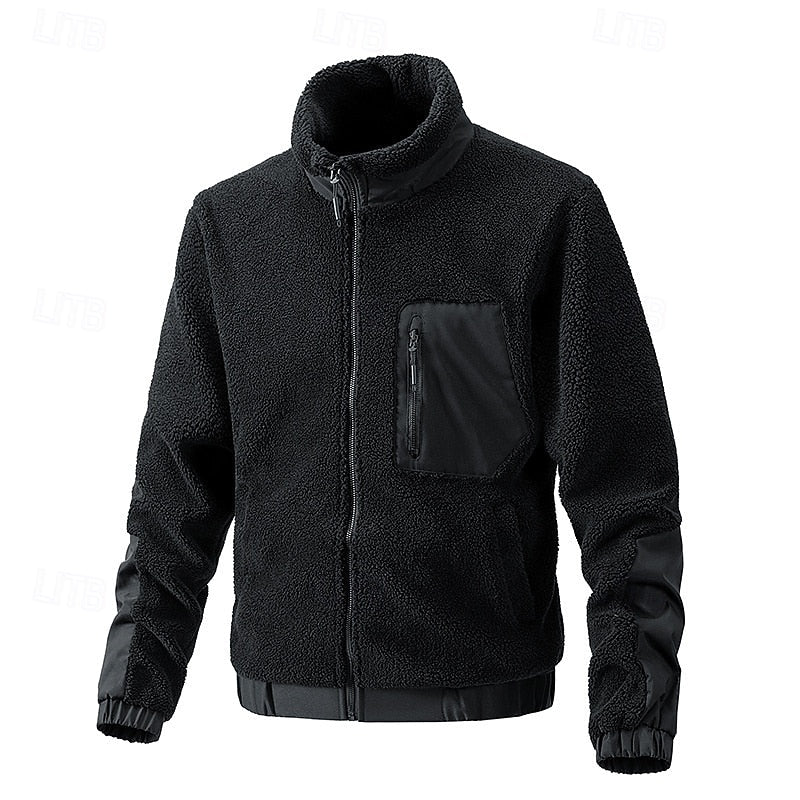 Men's black sherpa fleece full-zip jacket, front view with pocket