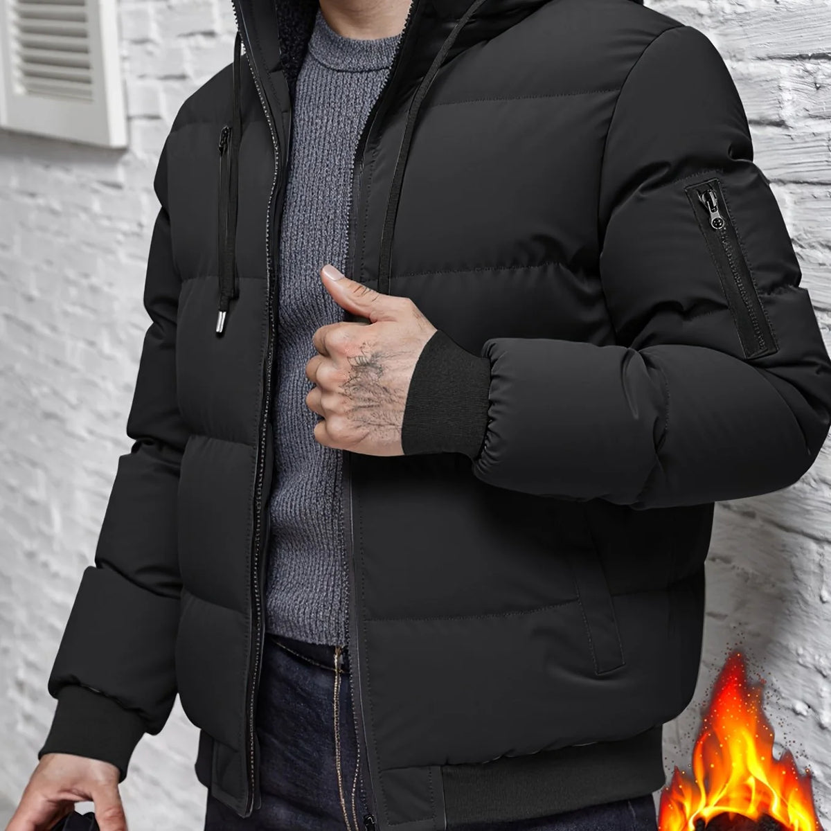 Men's black quilted Hooded Winter Jacket with Sleeve Zip Pocket
