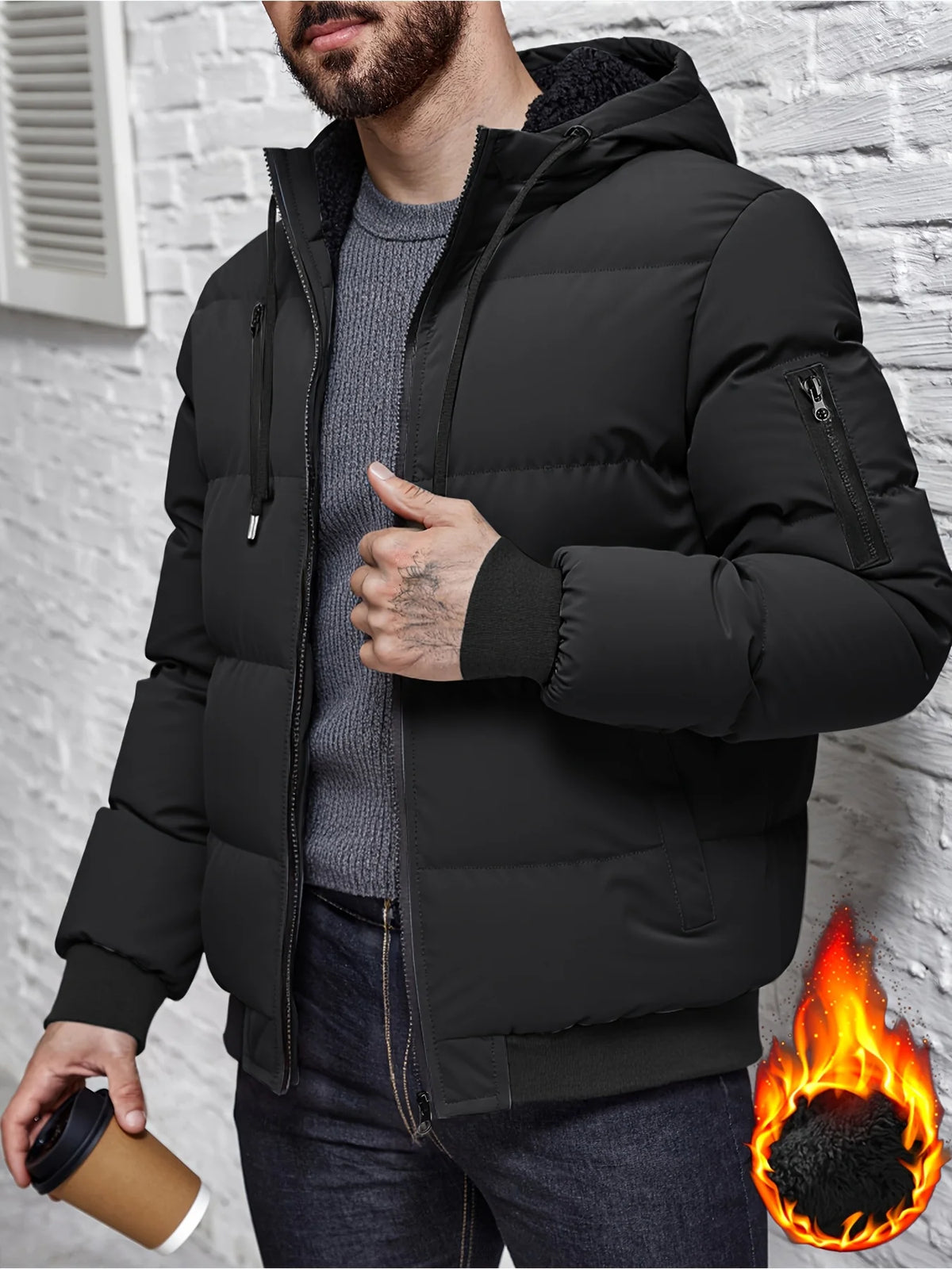 Men's navy quilted Hooded Winter Jacket with Sleeve Zip Pocket