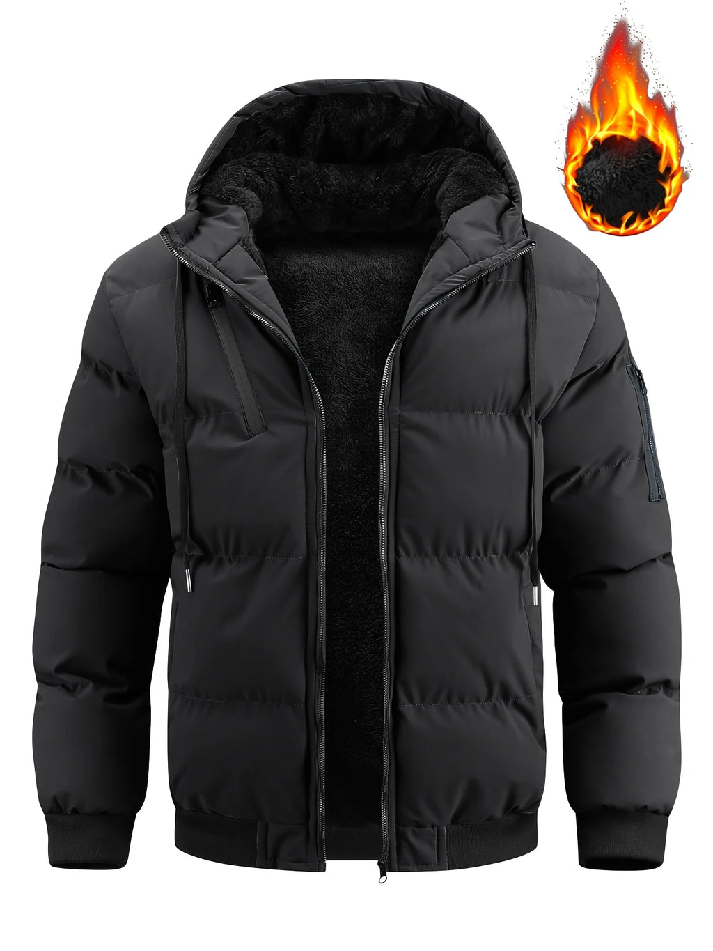 Men's navy quilted Hooded Winter Jacket with Sleeve Zip Pocket