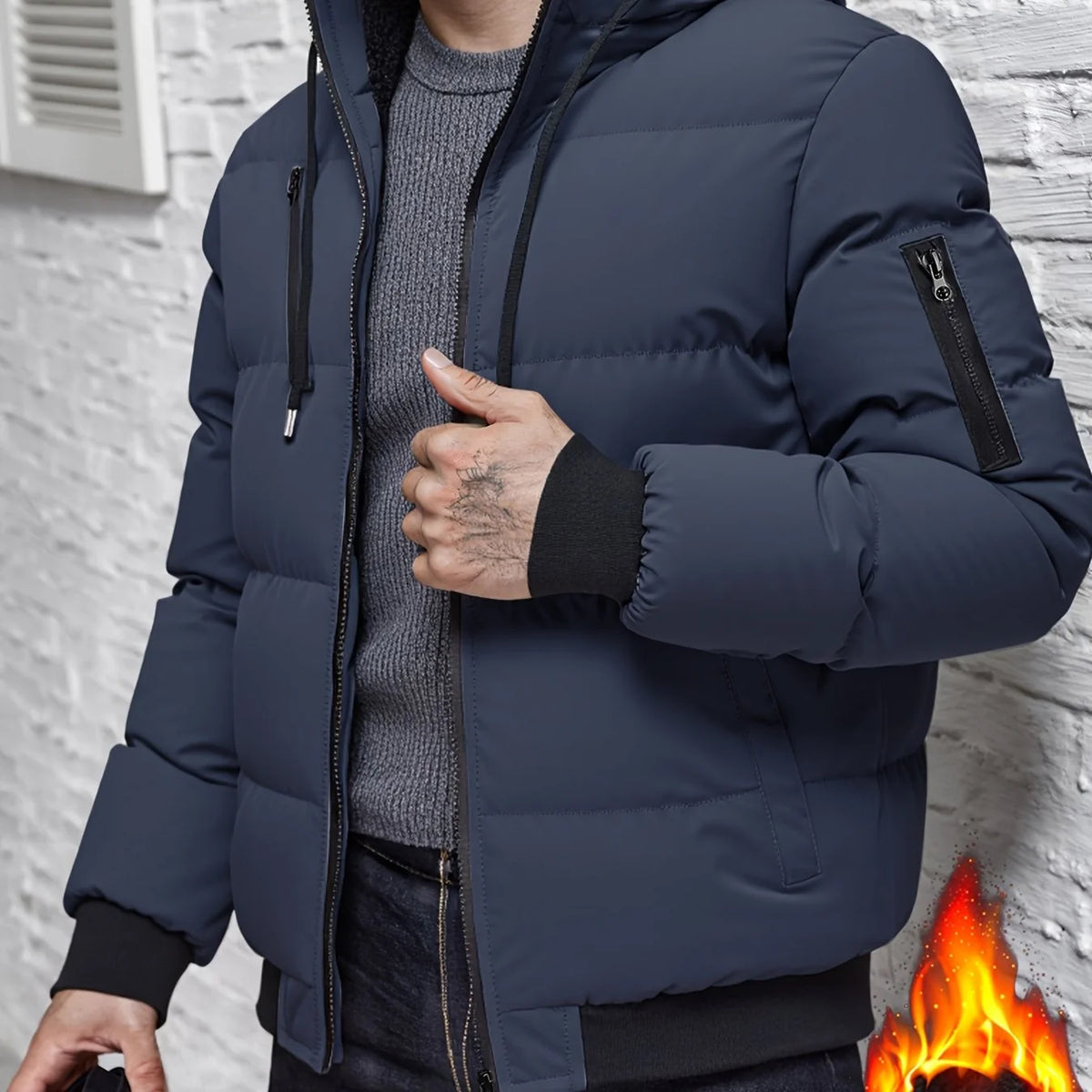 Men's navy quilted Hooded Winter Jacket with Sleeve Zip Pocket
