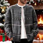 Men's dark gray relaxed patterned knit cardigan with ribbed trim