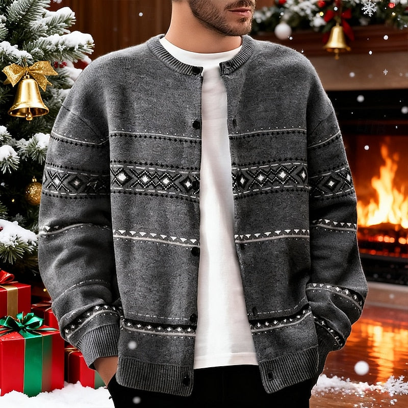 Men's dark gray relaxed patterned knit cardigan with ribbed trim