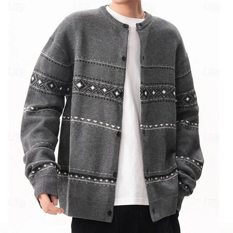 Men's dark gray relaxed patterned knit cardigan with ribbed trim