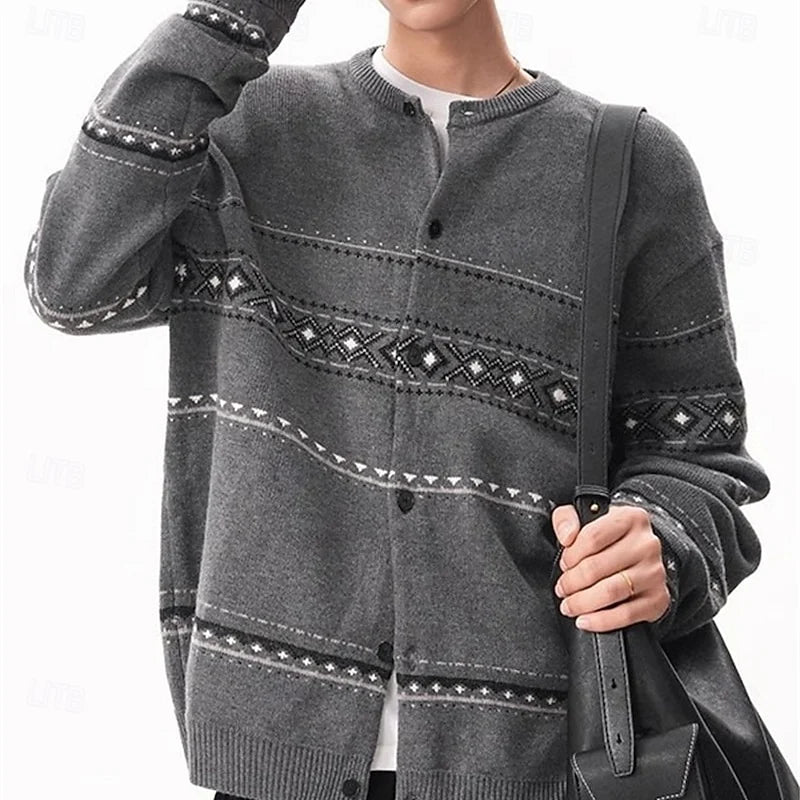 Men's dark gray relaxed patterned knit cardigan with ribbed trim