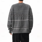 Men's dark gray relaxed patterned knit cardigan with ribbed trim