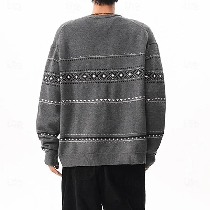Men's dark gray relaxed patterned knit cardigan with ribbed trim